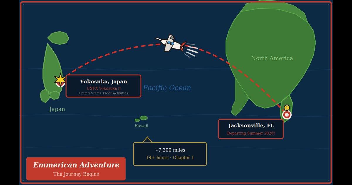 Manga-style map showing flight path from Jacksonville FL to Yokosuka Japan